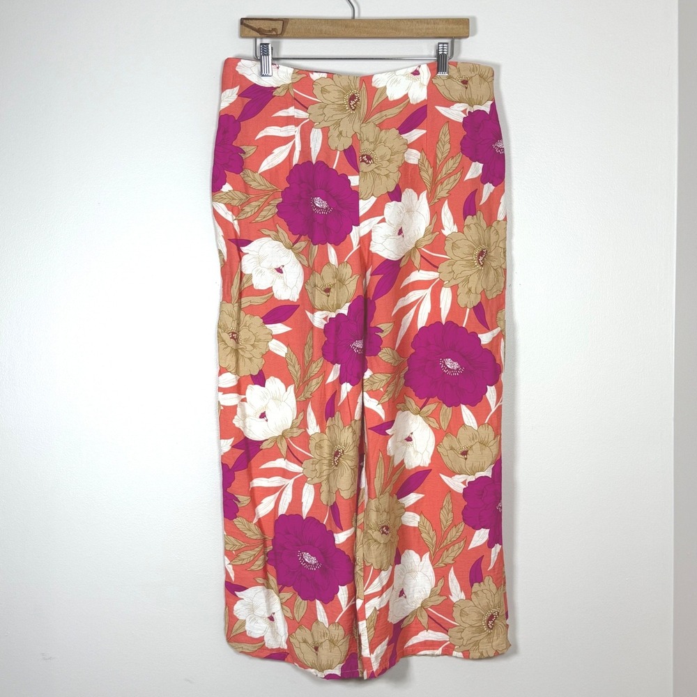 Bettina Star Womens Wide Leg Crop Pants Size L Pull On Pink Floral Tropical Boho